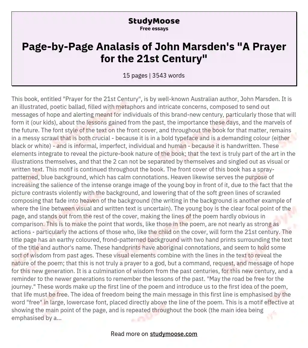 Page-by-Page Analasis of John Marsden's "A Prayer for the 21st Century" essay