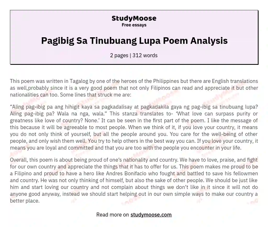 Pagibig Sa Tinubuang Lupa Poem Analysis essay