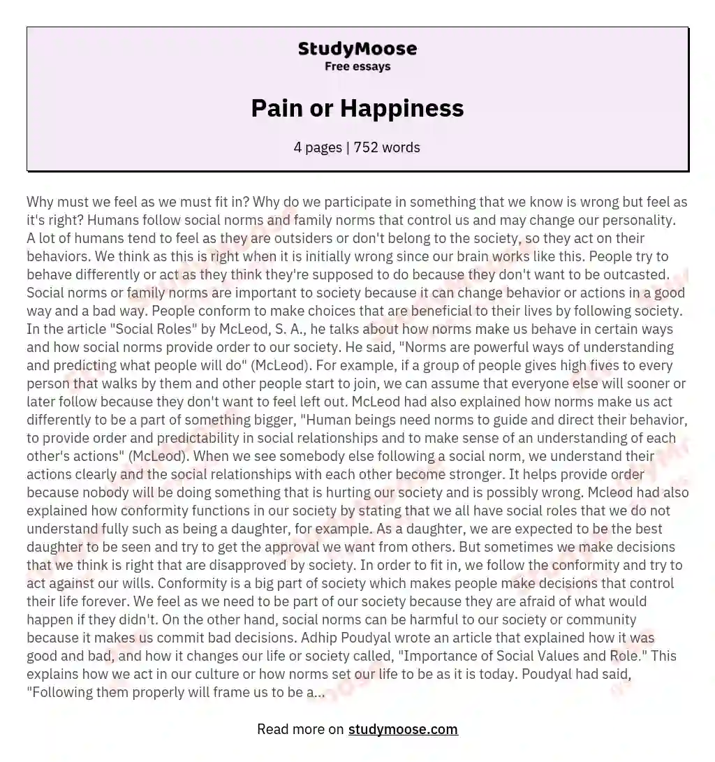 Pain or Happiness essay