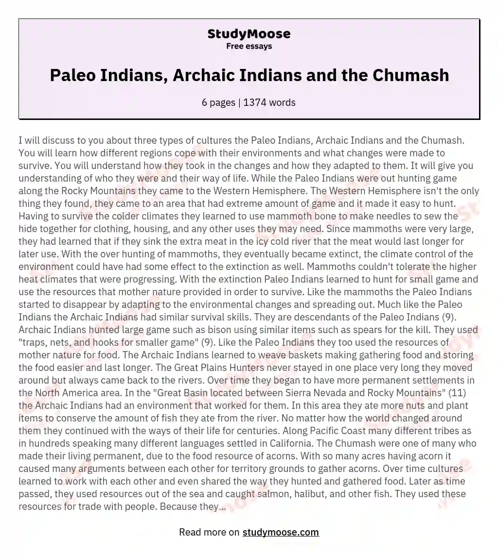 Paleo Indians, Archaic Indians and the Chumash essay