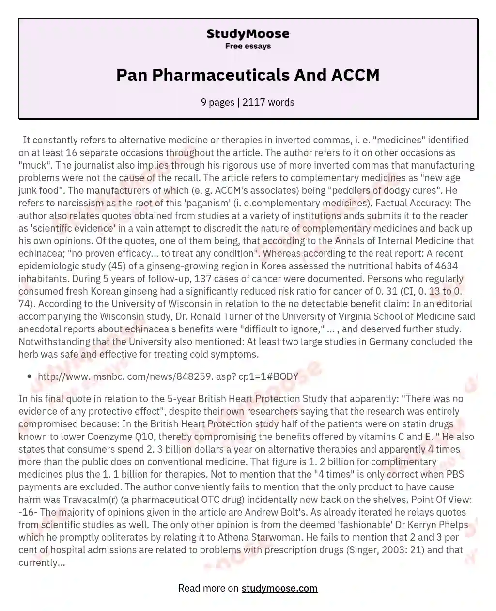 Pan Pharmaceuticals And  ACCM essay