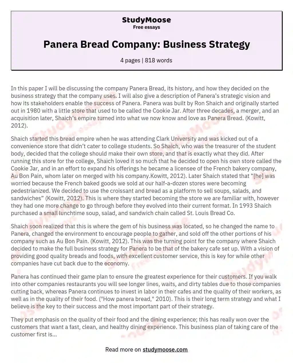 Panera Bread Company: Business Strategy