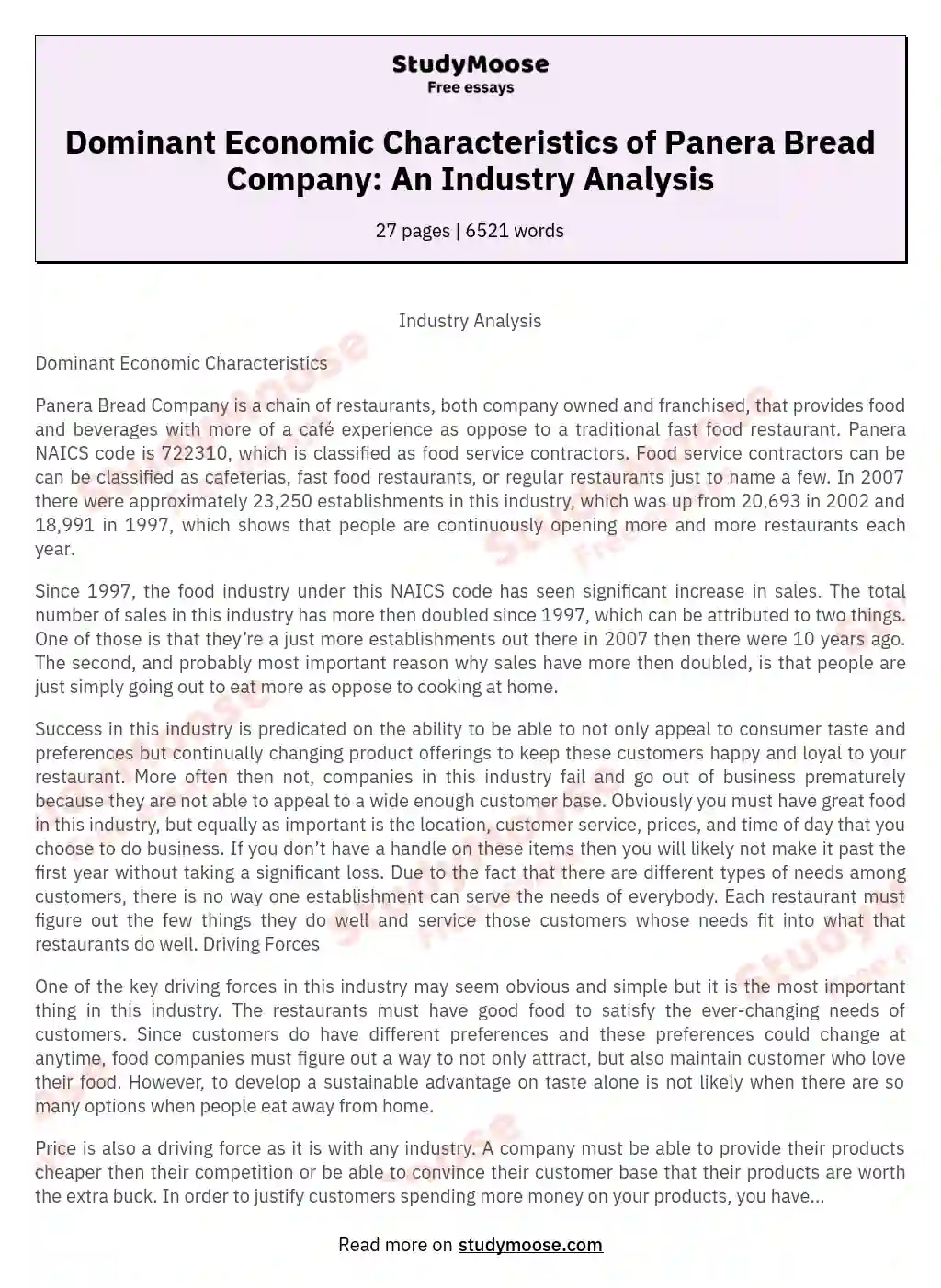 Dominant Economic Characteristics of Panera Bread Company: An Industry Analysis essay