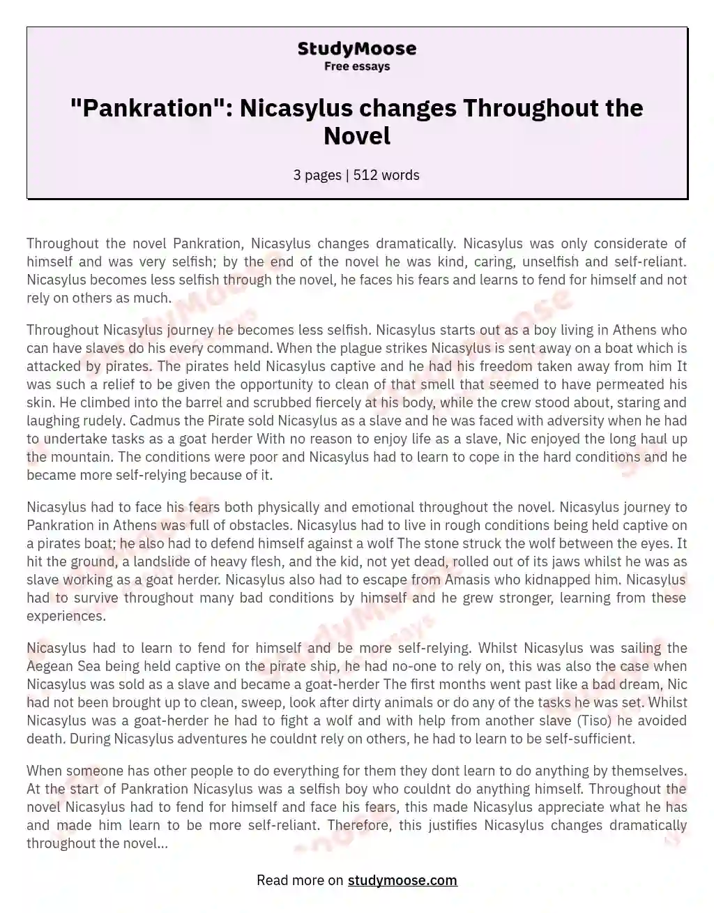 "Pankration": Nicasylus changes Throughout the Novel