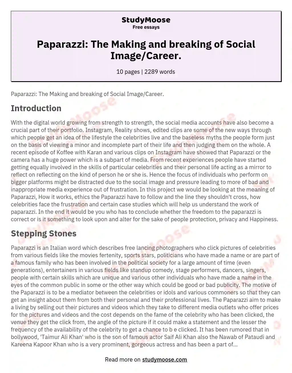 Paparazzi: The Making and breaking of Social Image/Career. essay