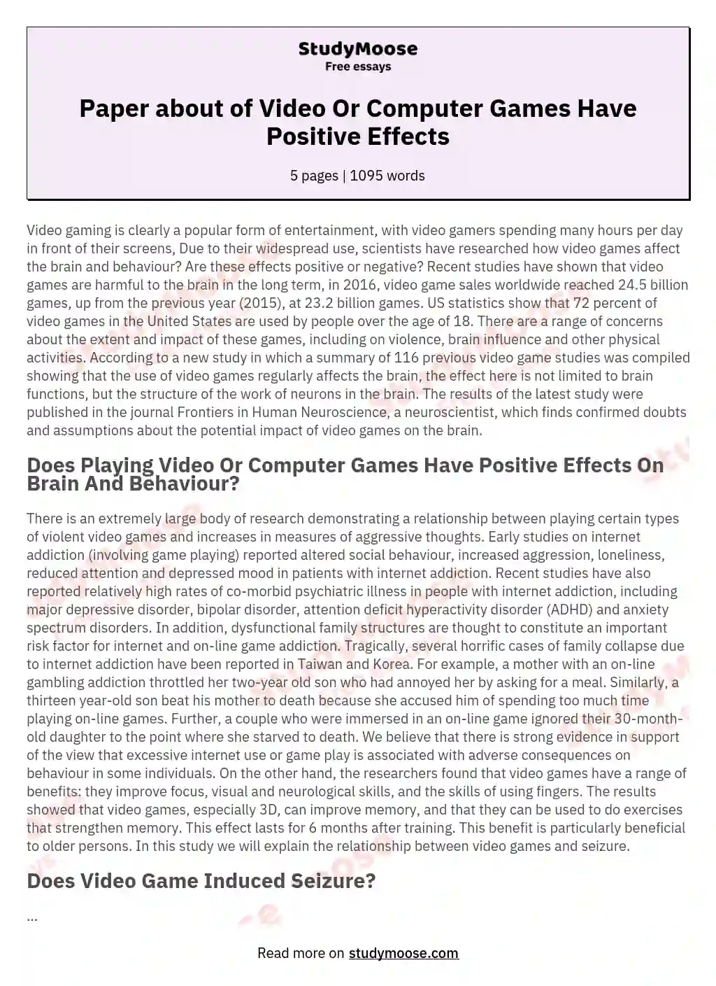 Paper about of Video Or Computer Games Have Positive Effects