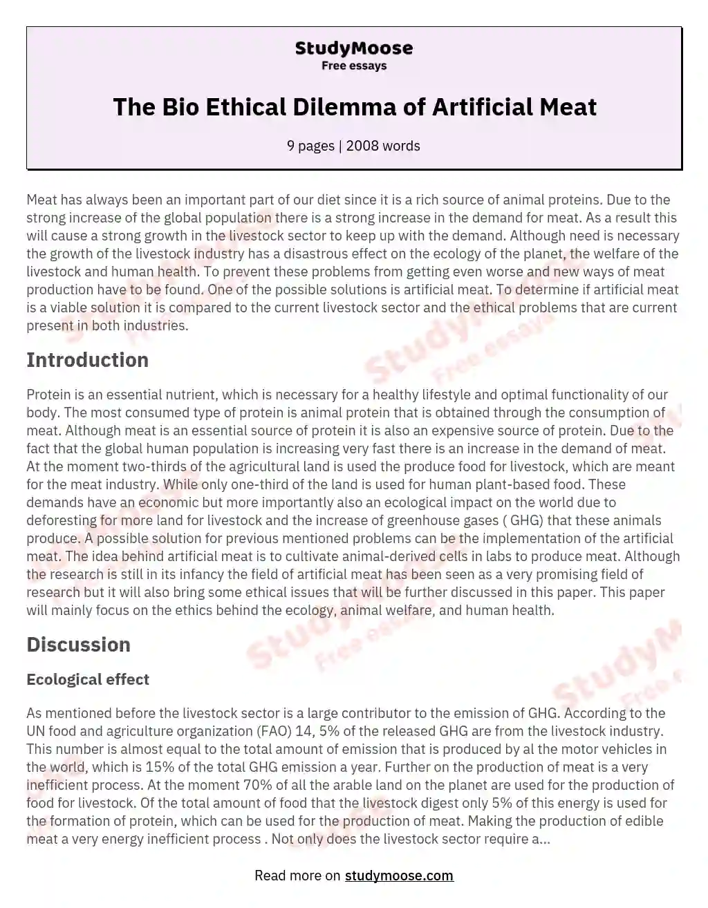 The Bio Ethical Dilemma of Artificial Meat essay