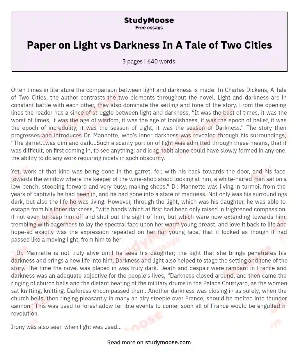Paper on Light vs Darkness In A Tale of Two Cities
