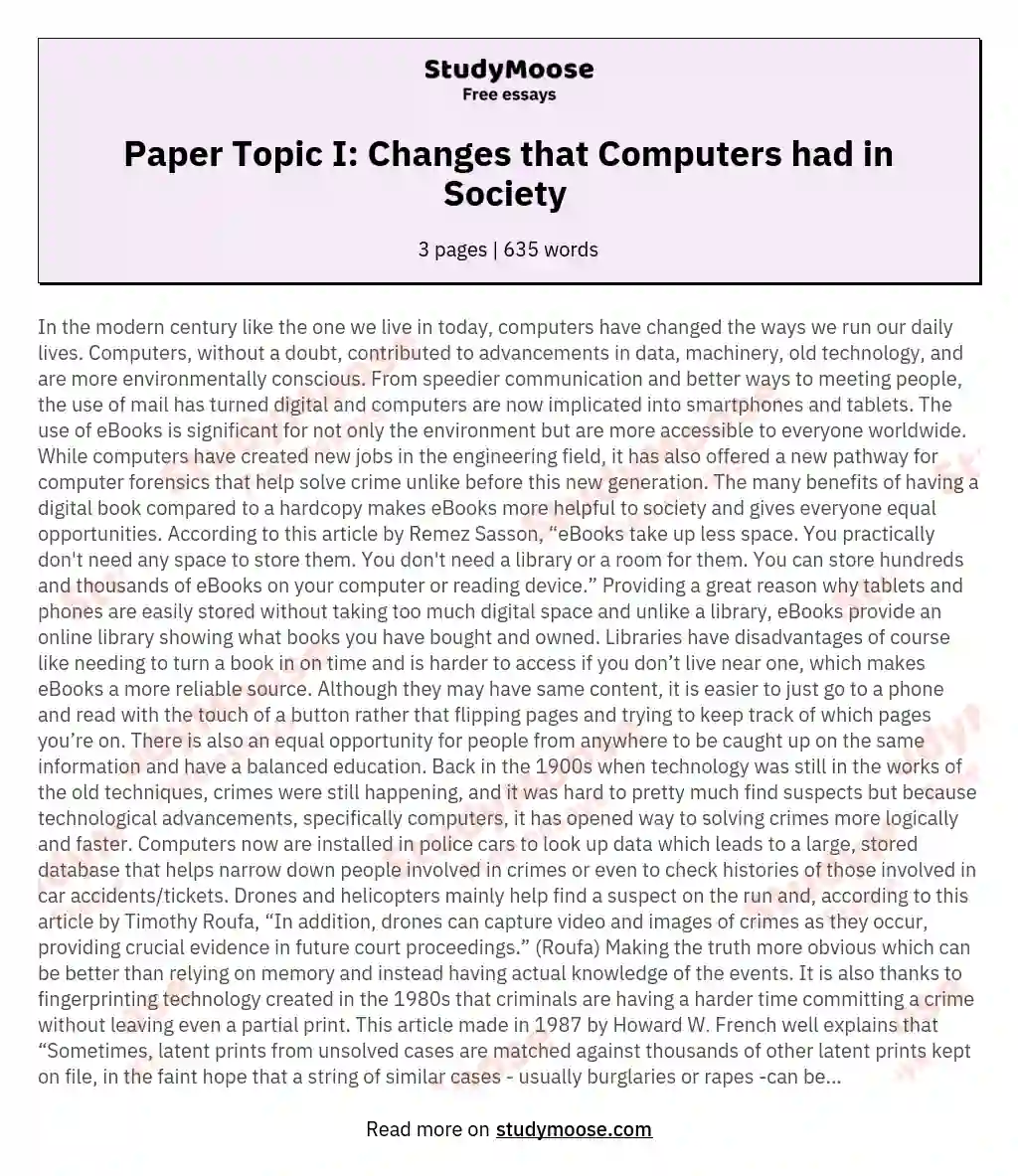 Paper Topic I: Changes that Computers had in Society  essay