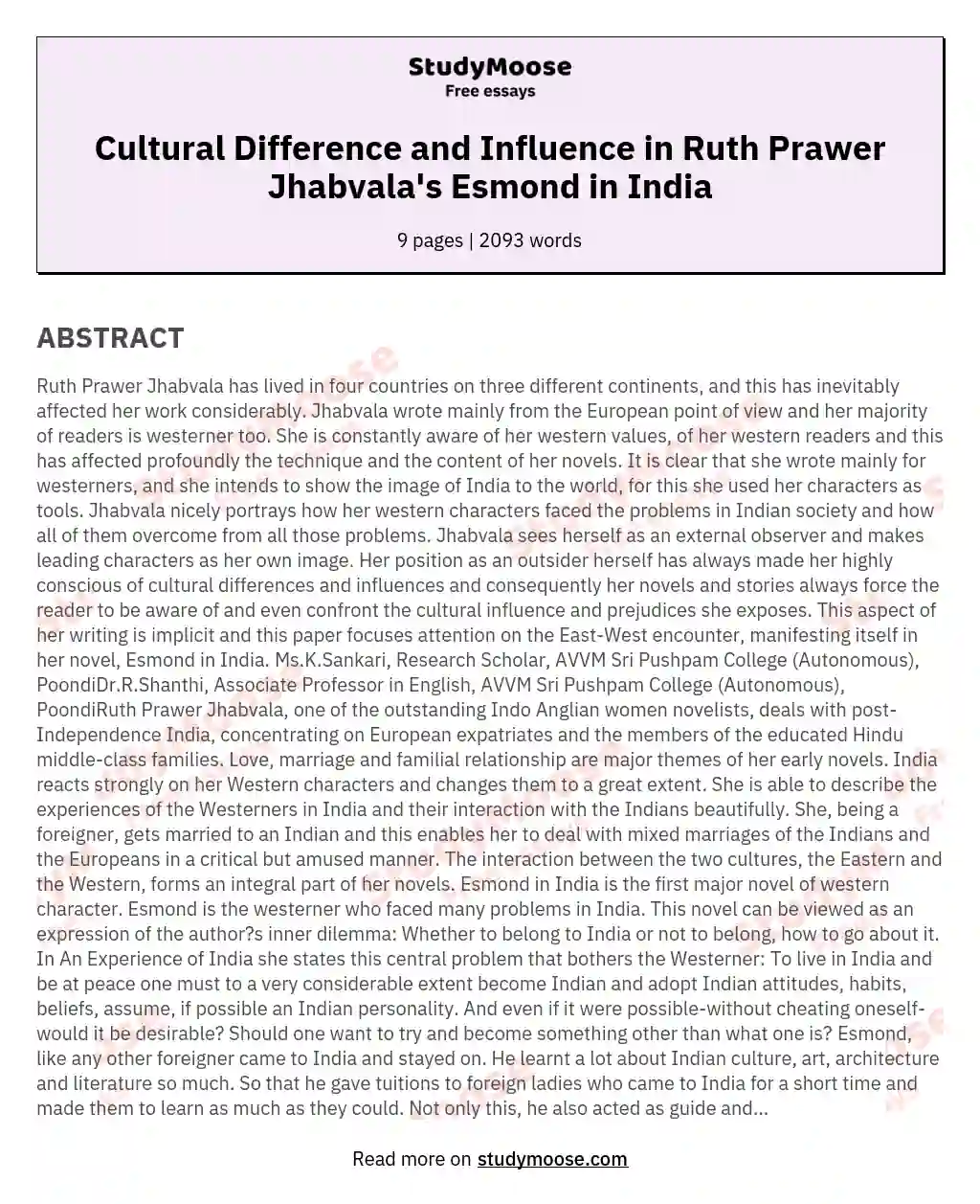 Cultural Difference and Influence in Ruth Prawer Jhabvala's Esmond in India essay