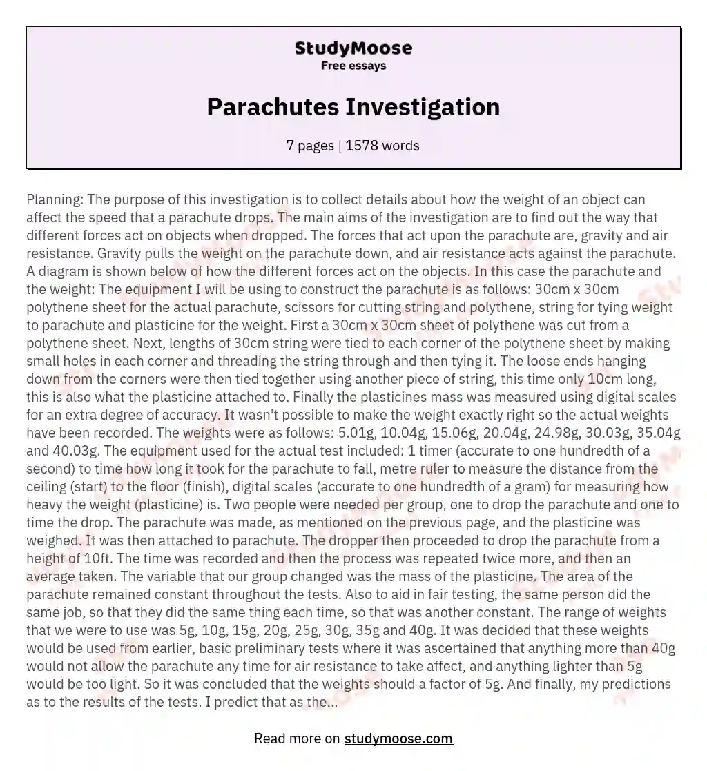 Parachutes Investigation essay