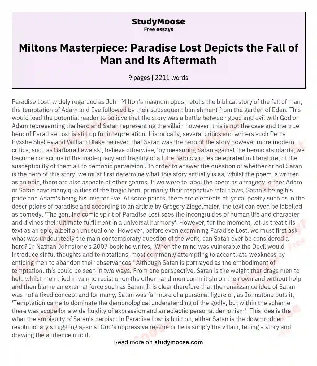 Miltons Masterpiece: Paradise Lost Depicts the Fall of Man and its Aftermath essay
