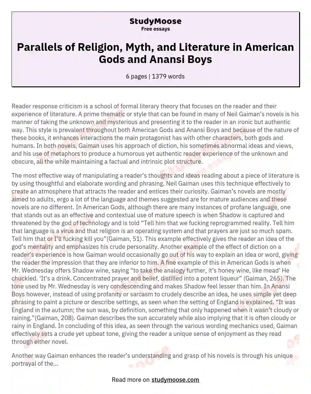 Parallels of Religion, Myth, and Literature in American Gods and Anansi Boys essay