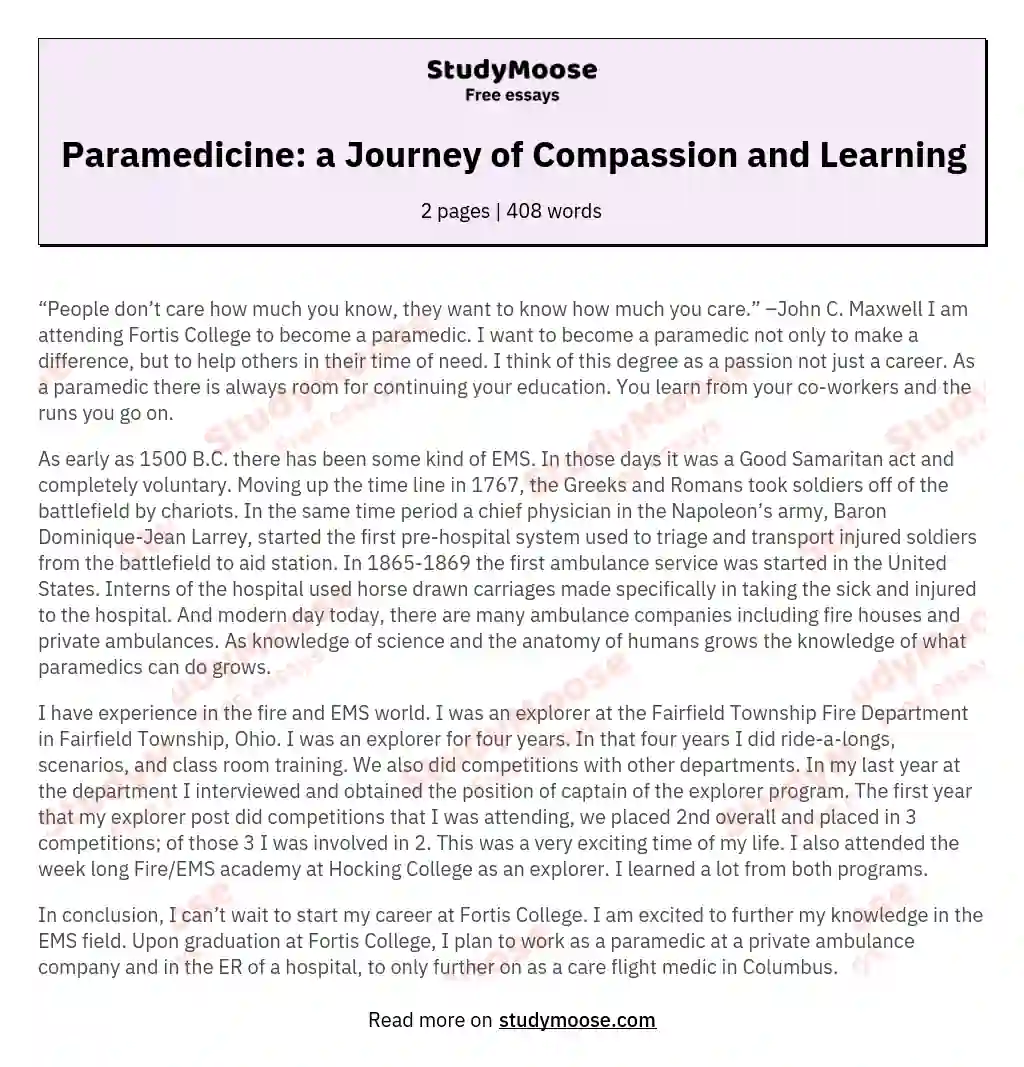 Paramedicine: a Journey of Compassion and Learning essay