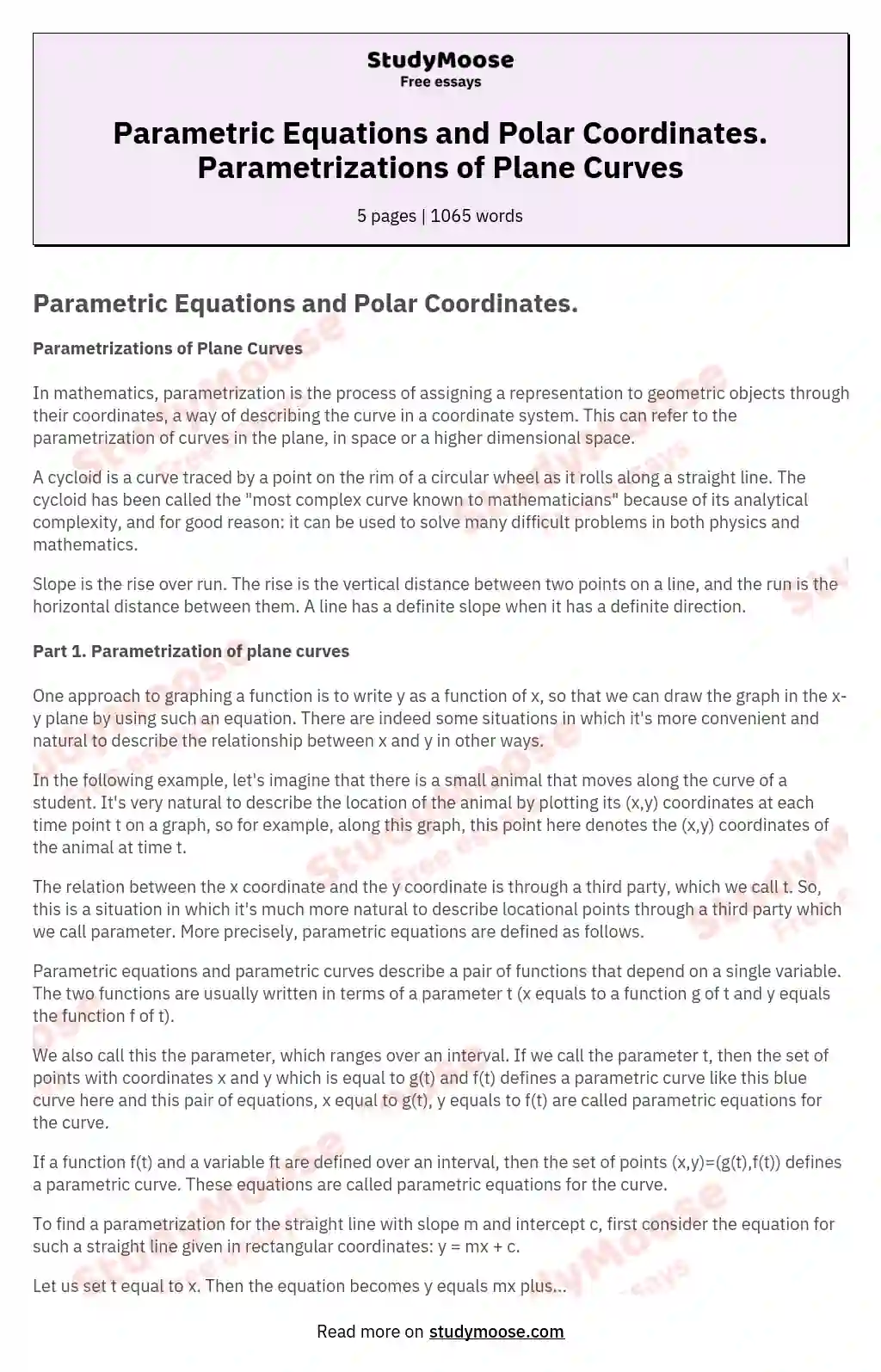 Parametric Equations and Polar Coordinates. Parametrizations of Plane Curves essay