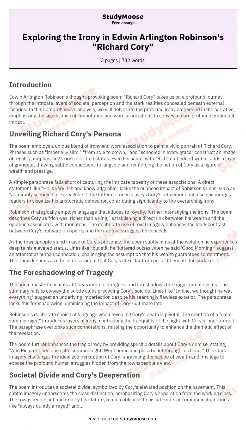 richard cory summary and analysis