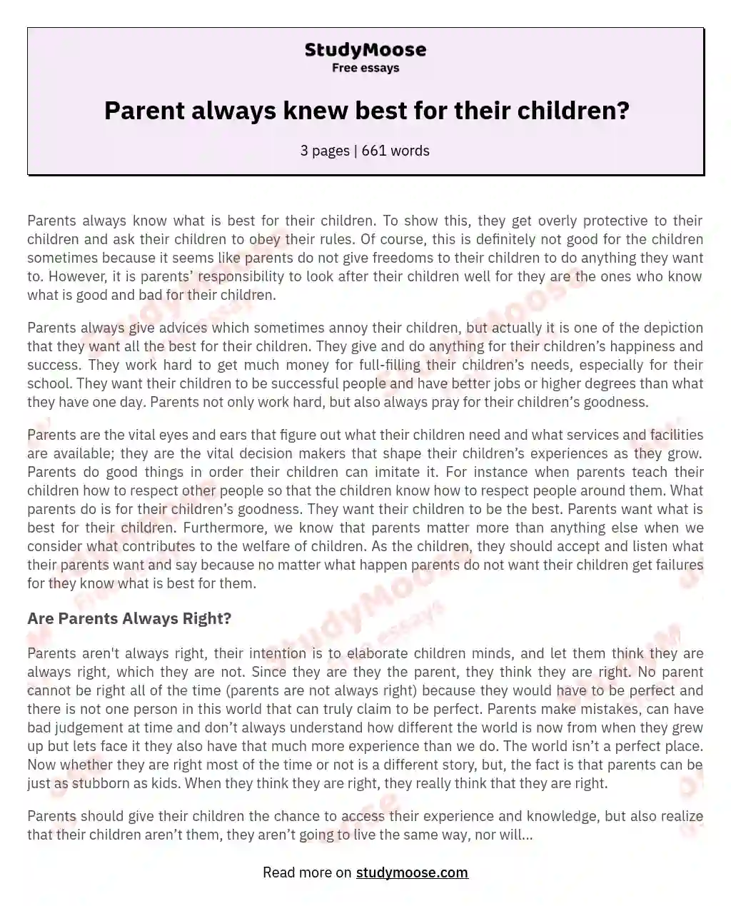 Parent always knew best for their children? essay