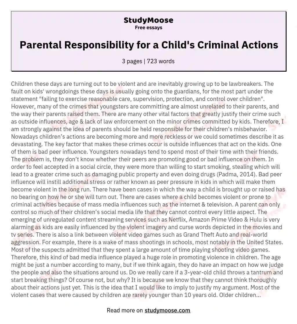 Parental Responsibility for a Child's Criminal Actions