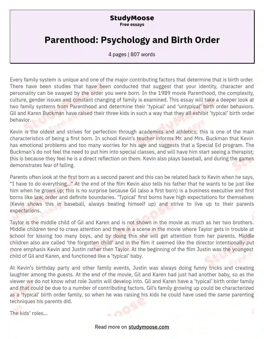 Parenthood: Psychology and Birth Order essay