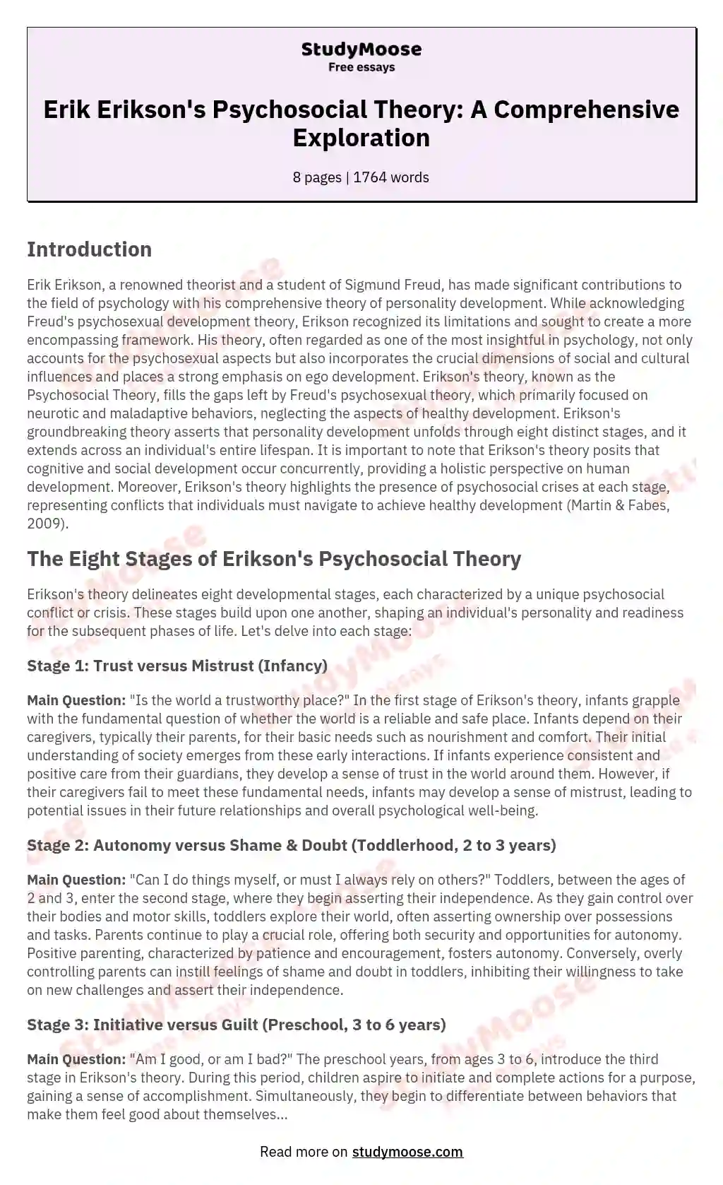 Erik Erikson's Psychosocial Theory: A Comprehensive Exploration essay