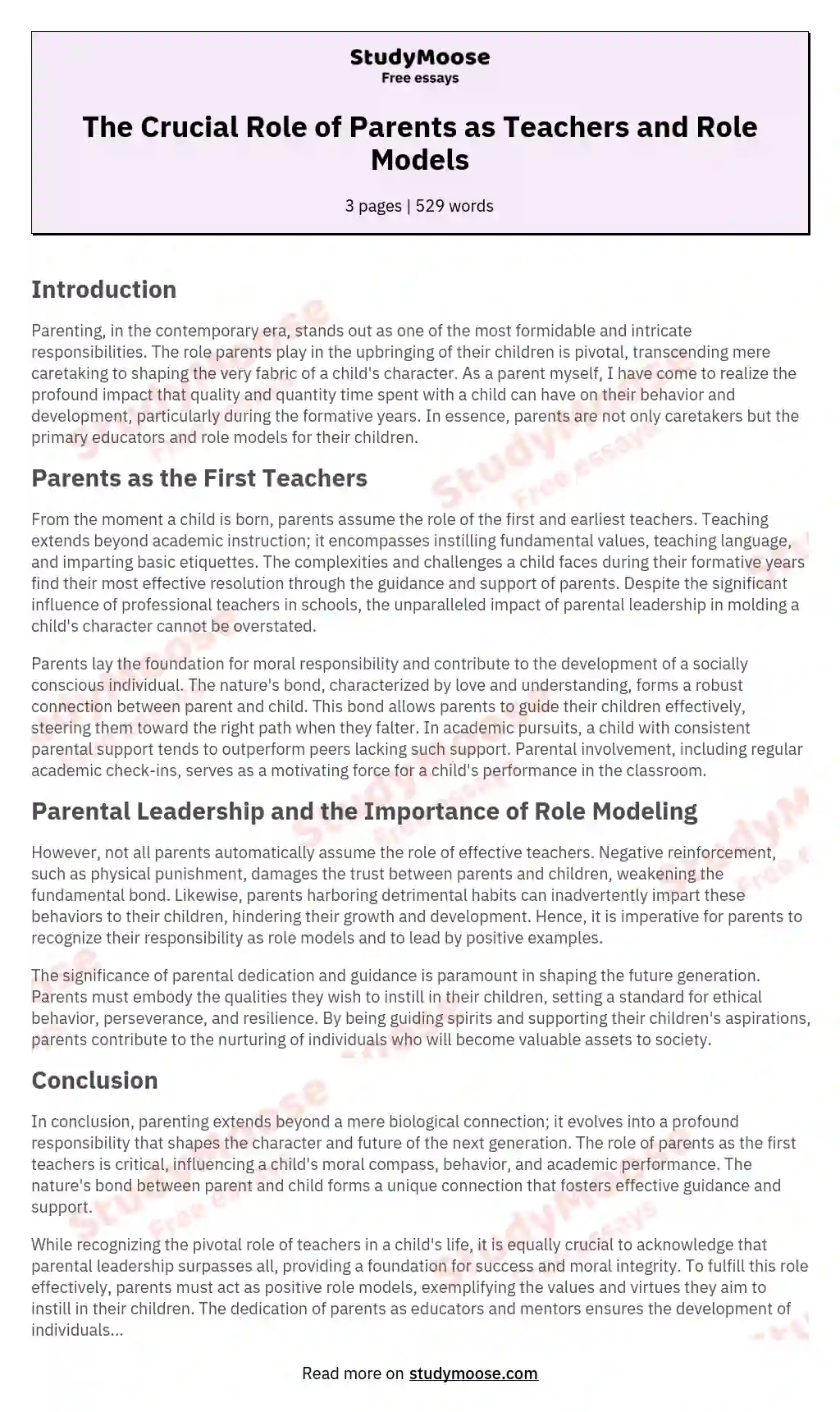 The Crucial Role of Parents as Teachers and Role Models essay