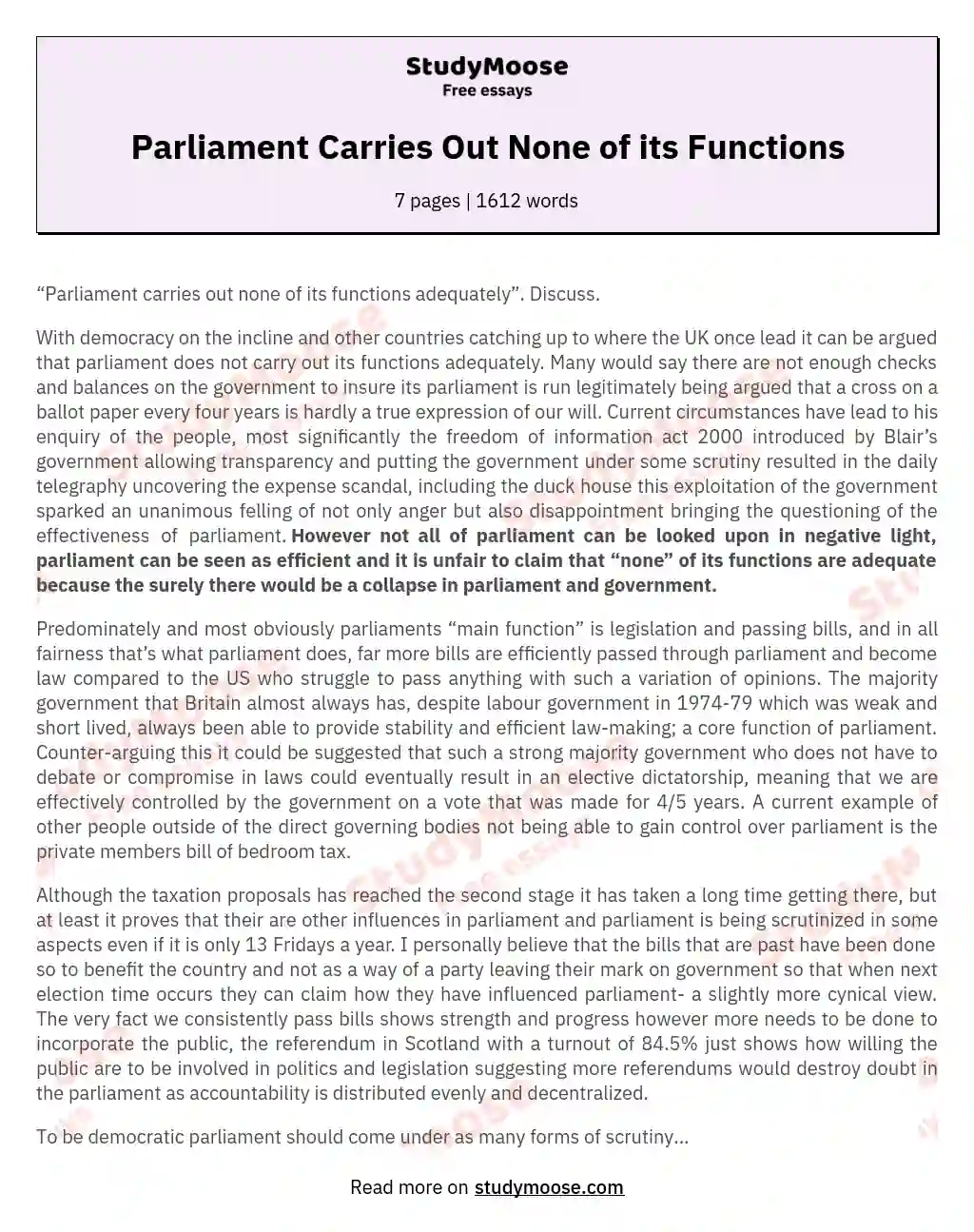 Parliament Carries Out None of its Functions essay