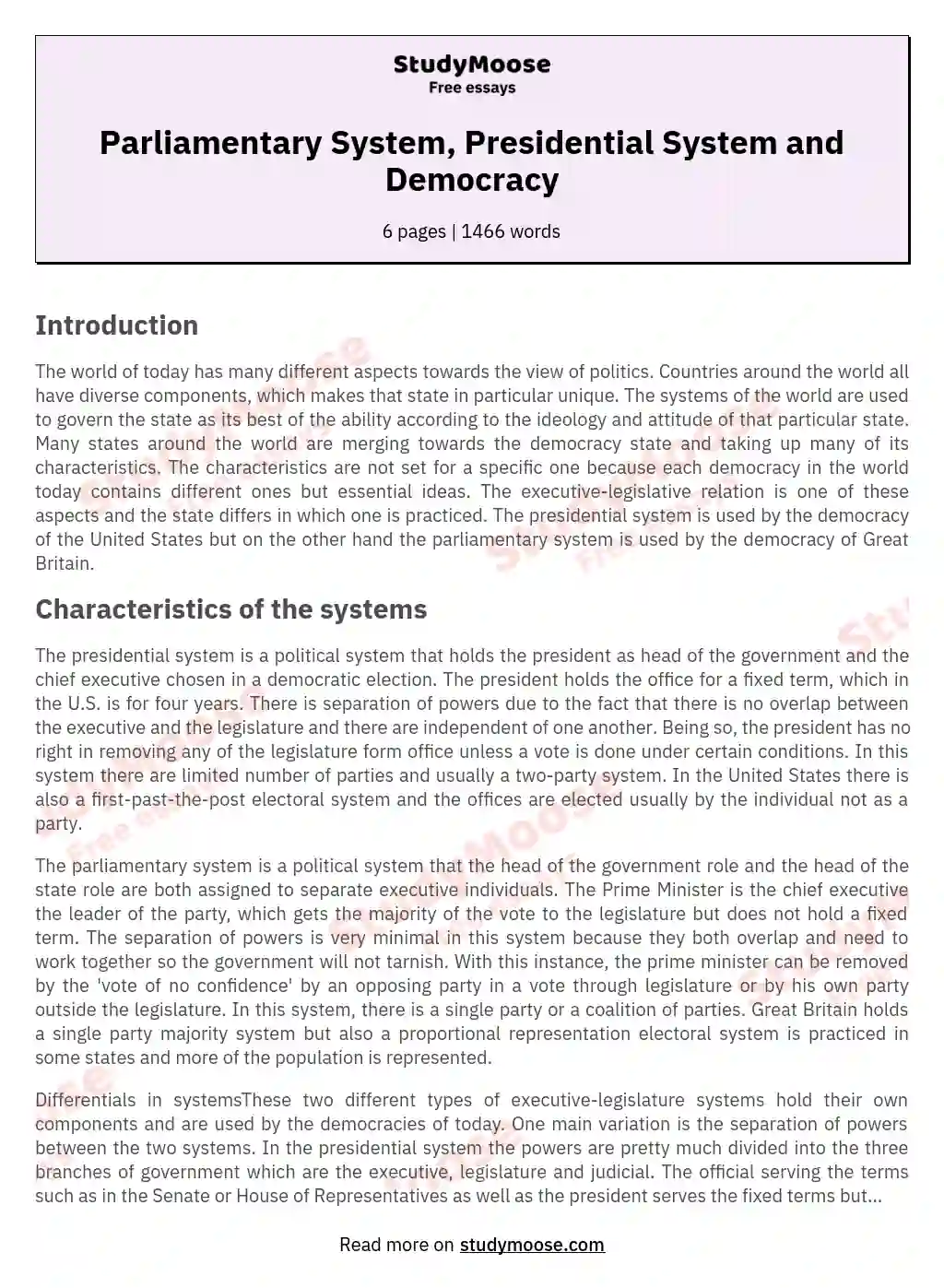 Parliamentary System, Presidential System and Democracy essay