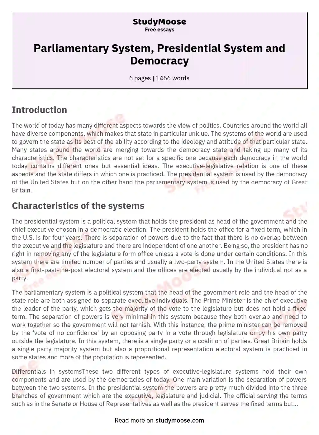 presidential vs parliamentary system of government essay