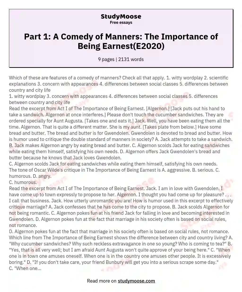 Part 1: A Comedy of Manners: The Importance of Being Earnest(E2020) essay