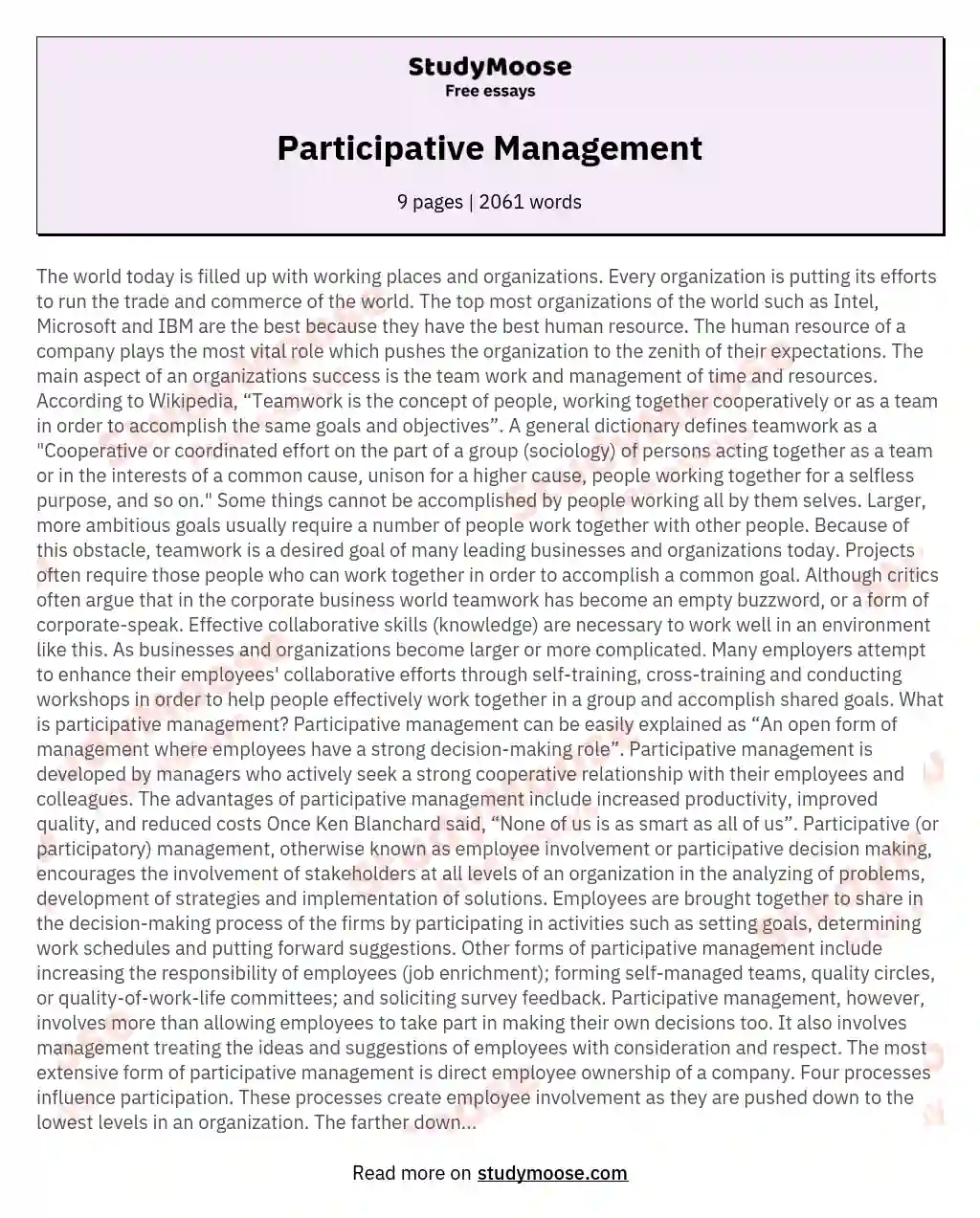 Participative Management essay