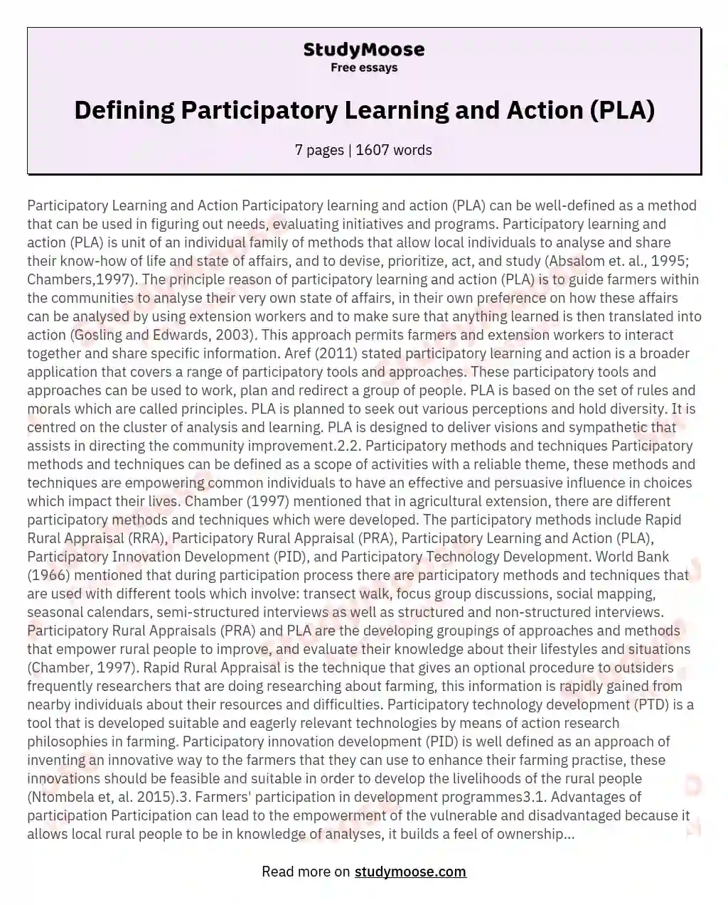 Participatory Learning and Action Participatory learning and action PLA can be welldefined as