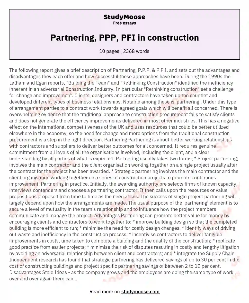 Partnering, PPP, PFI in construction essay