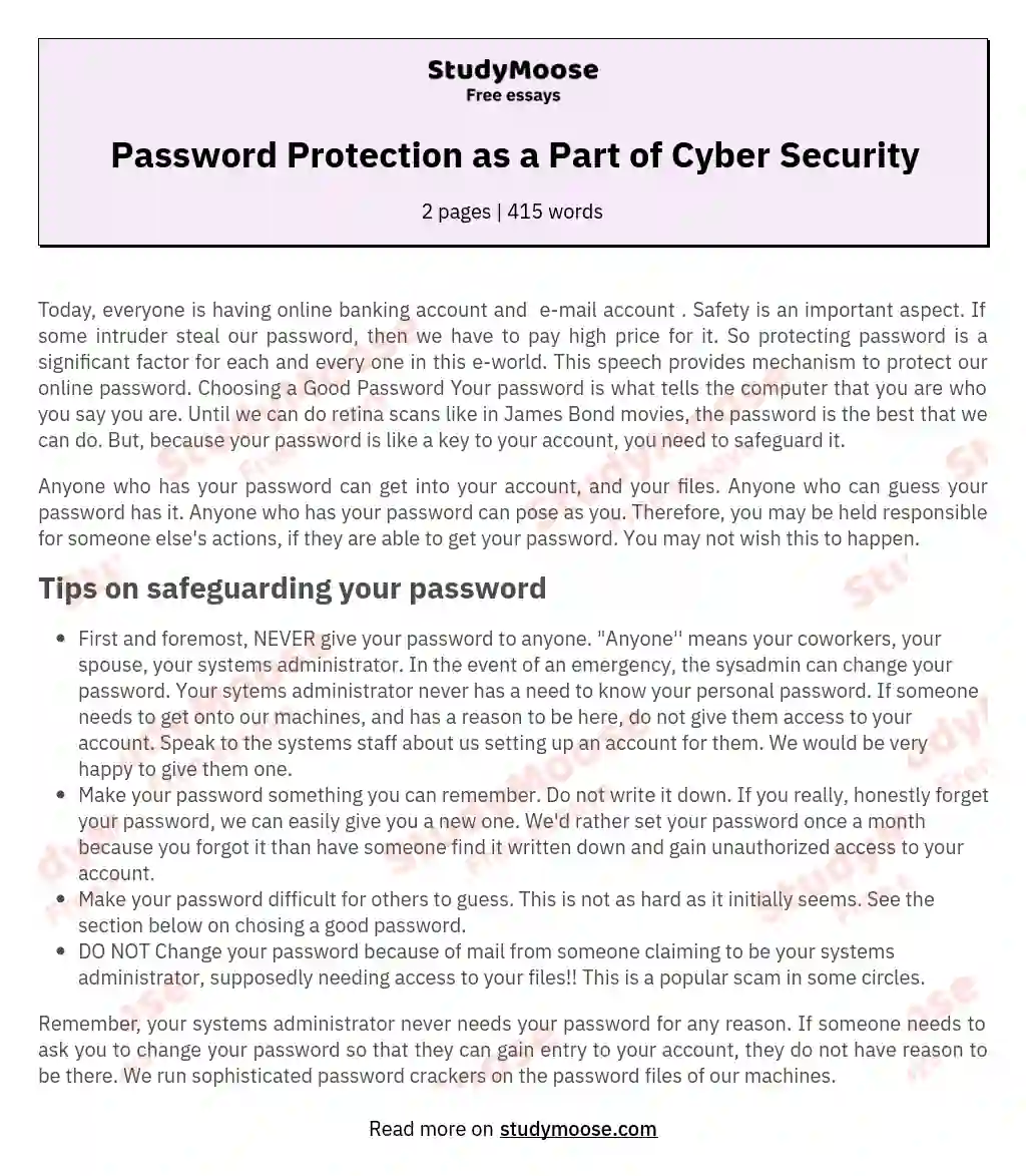 Password Protection as a Part of Cyber Security