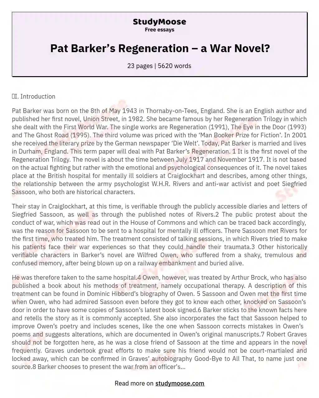 Pat Barker’s Regeneration – a War Novel?