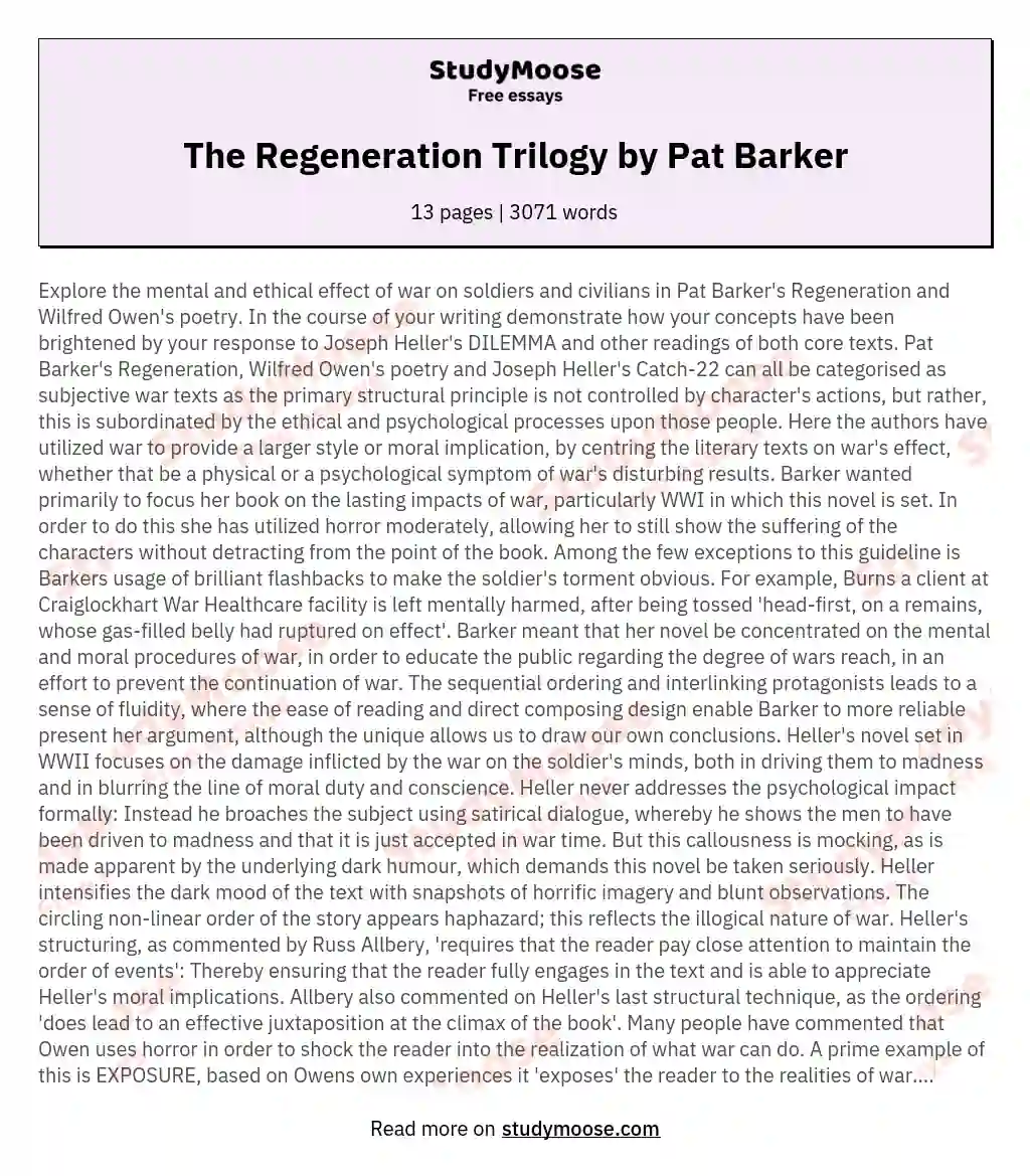 The Regeneration Trilogy by Pat Barker essay