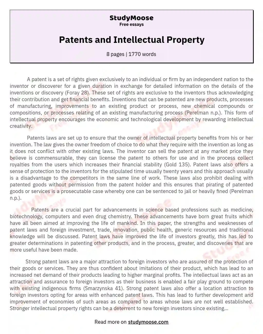 Patents and Intellectual Property essay