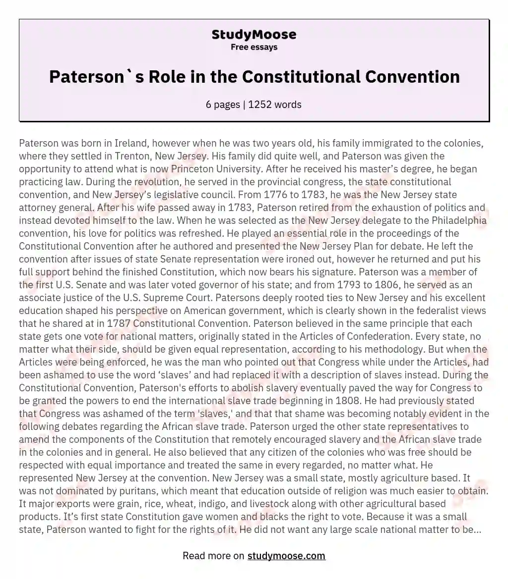 Paterson`s Role in the Constitutional Convention essay