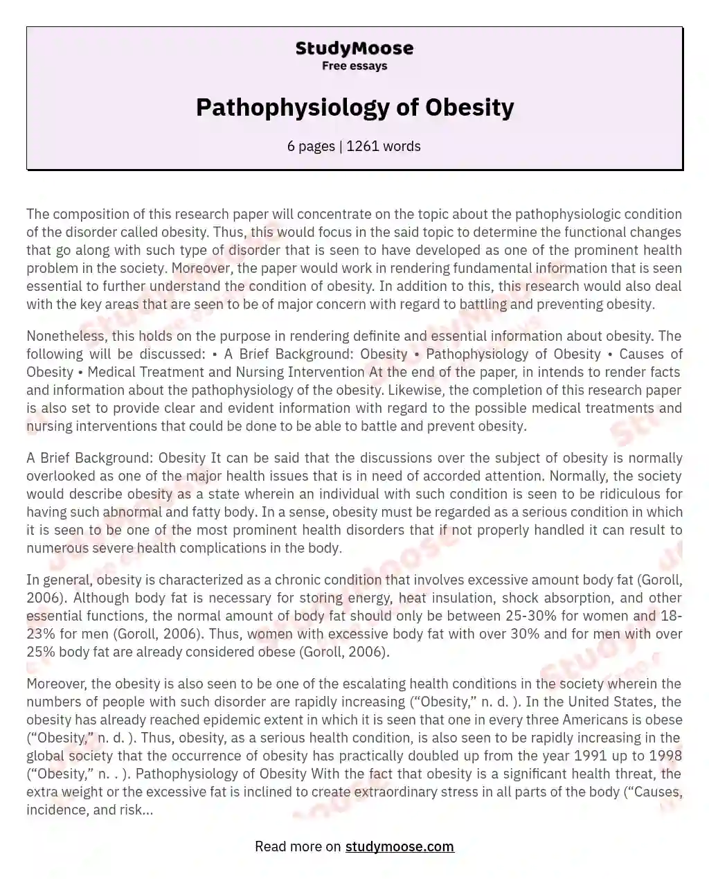 Pathophysiology of Obesity essay