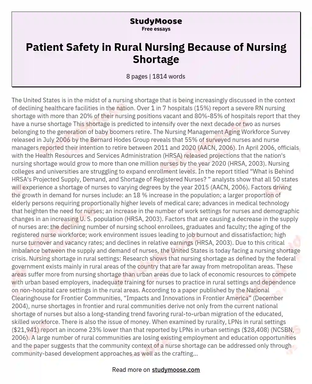 Patient Safety in Rural Nursing Because of Nursing Shortage essay