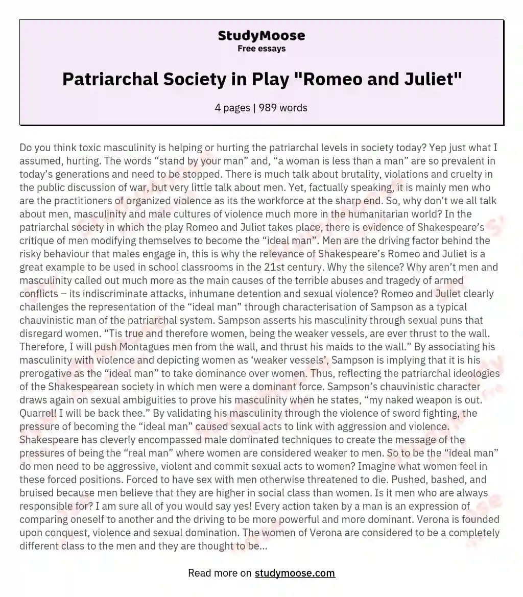 Patriarchal Society in Play "Romeo and Juliet" essay