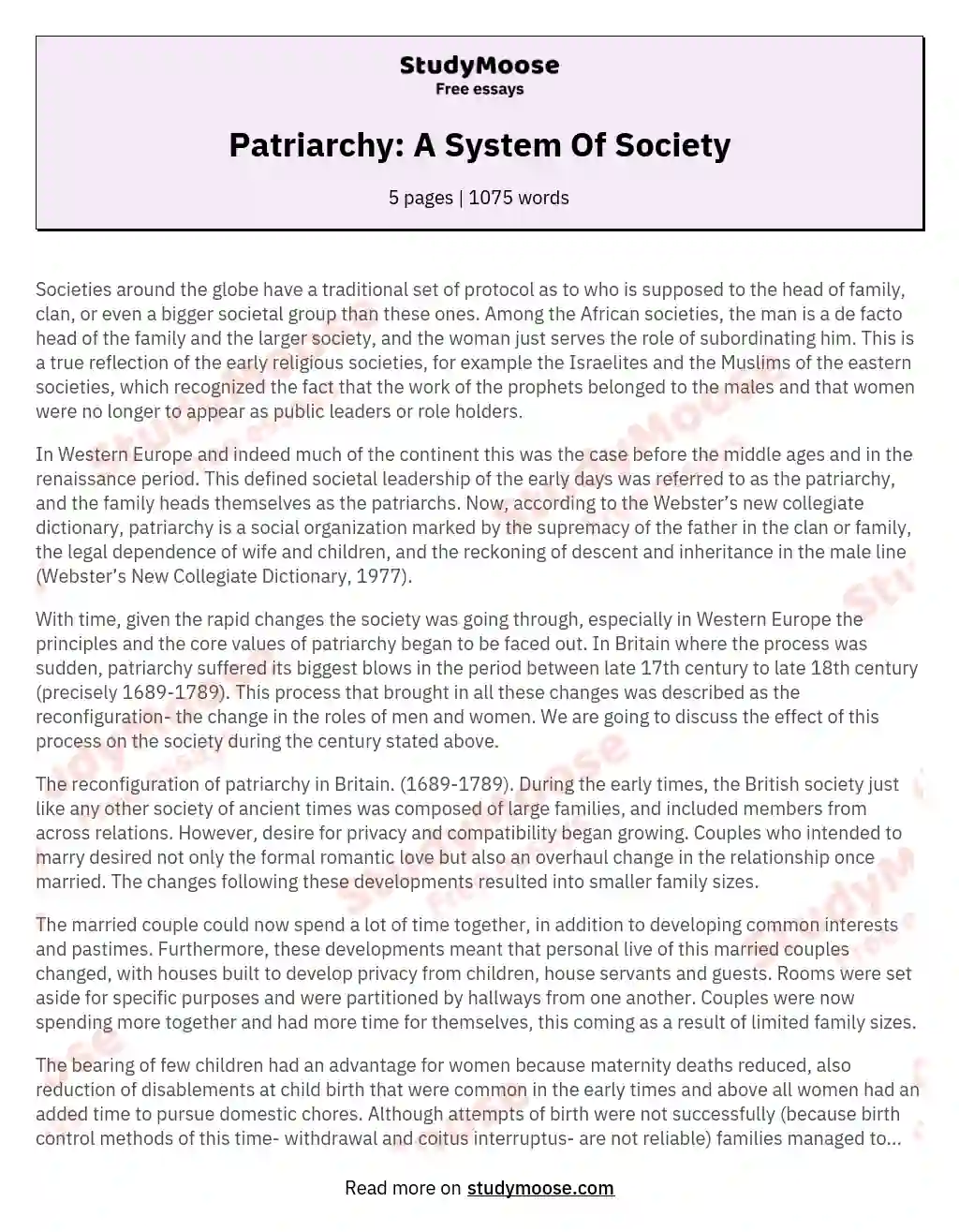Patriarchy: A System Of Society essay