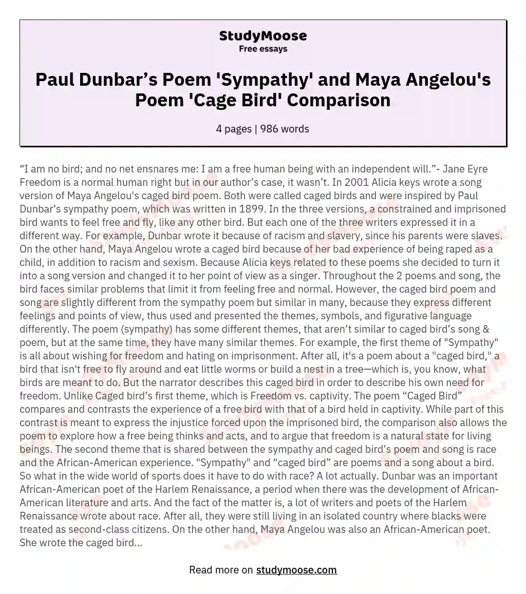 Paul Dunbar’s Poem 'Sympathy' and Maya Angelou's Poem 'Cage Bird' Comparison