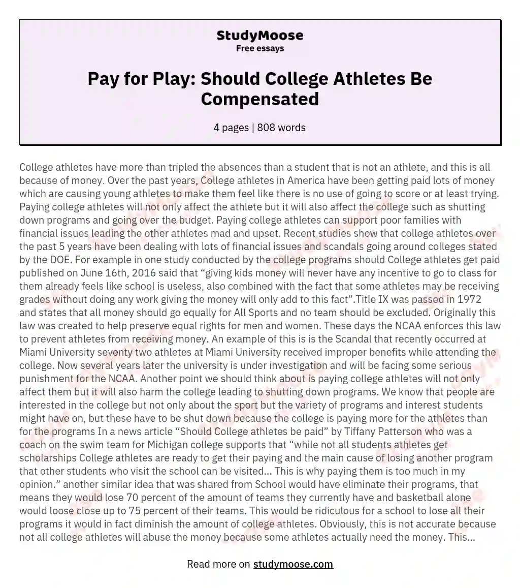 Pay for Play: Should College Athletes Be Compensated essay