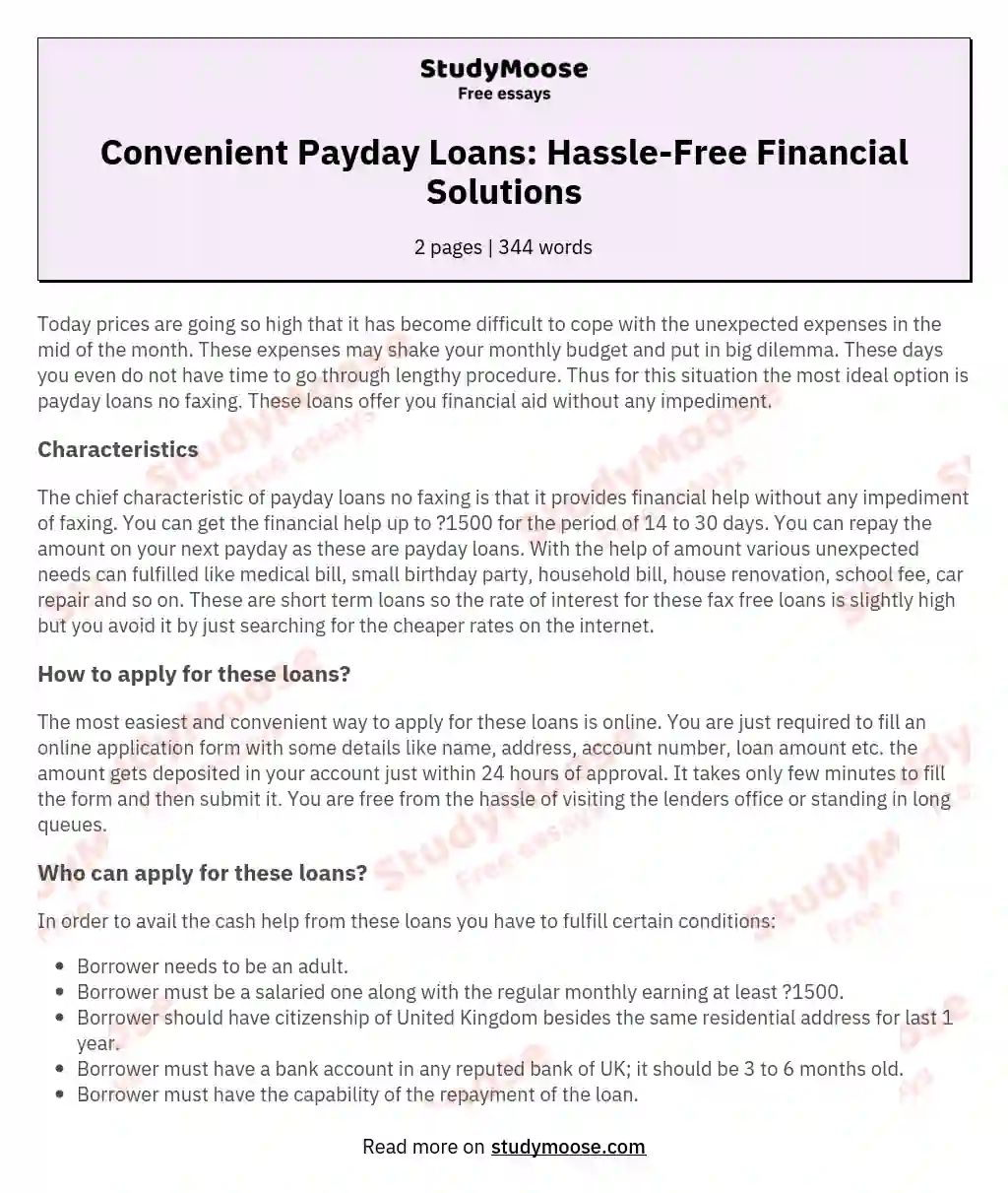 Convenient Payday Loans: Hassle-Free Financial Solutions essay