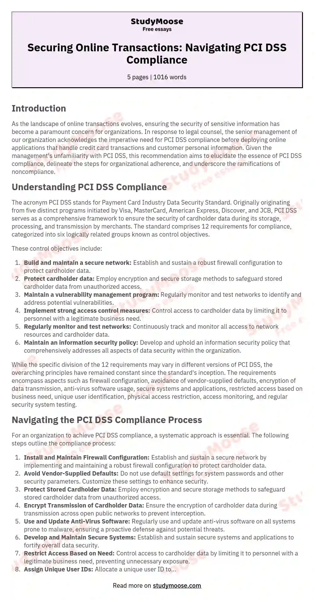 Securing Online Transactions: Navigating PCI DSS Compliance essay