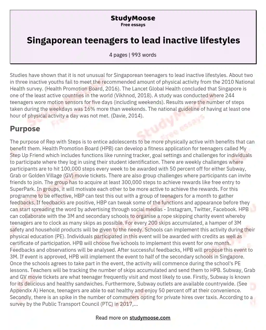 Singaporean teenagers to lead inactive lifestyles essay