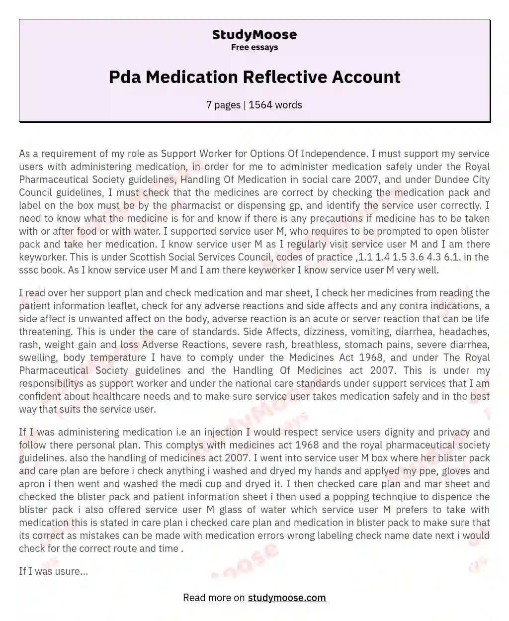 Pda Medication Reflective Account essay