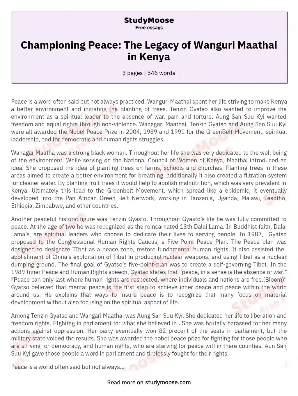 Championing Peace: The Legacy of Wanguri Maathai in Kenya essay