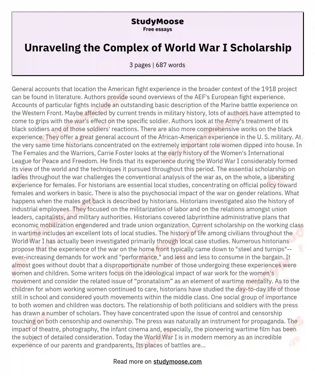 Unraveling the Complex of World War I Scholarship essay