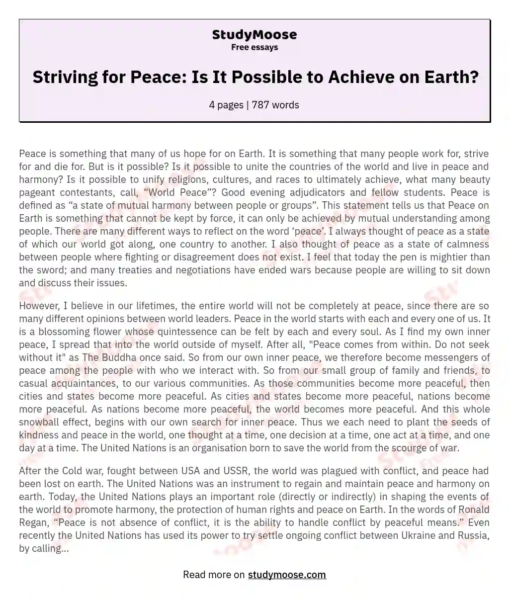 Striving for Peace: Is It Possible to Achieve on Earth? essay